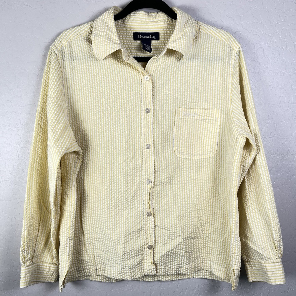 VTG Denim &‎ Co Yellow And White Striped Long Sleeve Collard Button Up Shirt